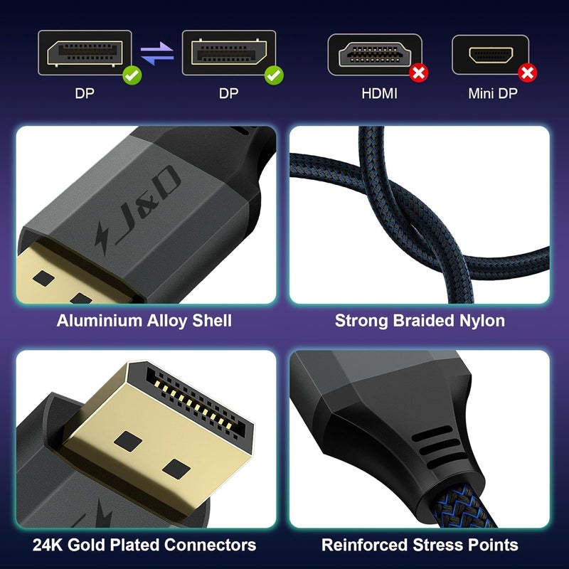 JD DisplayPort 2.1 Cable, VESA Certified, DP2.0 16K@60Hz, 8K@120Hz, 4K@240Hz, 165Hz, 144Hz, 40Gbps, HDR, HDCP, DSC 1.2a, High Speed Copper Braided DisplayPort Cord, 6.6 Feet - Image 5